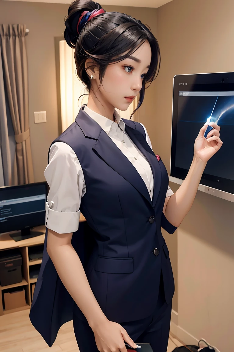 woman in a suit using a tablet computer in a room, working, sun yunjoo, still from a live action movie, park shin hye as a super villain, full device, using a magical tablet, iu lee ji-eun as a super villain, profile pose, [ realistic photo ]!!, shin min jeong, serious business, lazy, elegant look