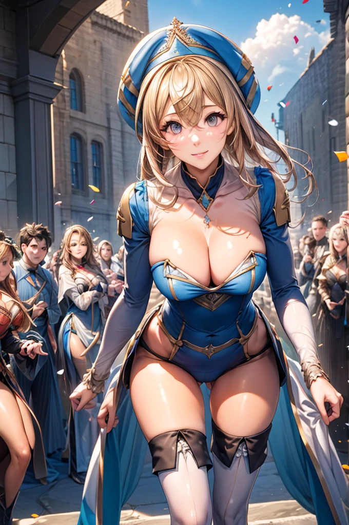 best quality, official art, masterpiece, textile shading, HDR, very detailed, colorful, best details, fantasy, battle suit, Yuki Mori:1.5, 1 female, 25 years old, best quality, official art, masterpiece, textile shading, HDR, very detailed, colorful, best details, fantasy, battle suit,1 female, 25 years old, standing on stairs, a castle town with an old castle view, sunny, random hair, big breast, skinny, Surrounded by a large crowd:1.9, Confetti flutters, Blessed, Being welcomed:1.5, cameltoe:1.3, ground level shot:,