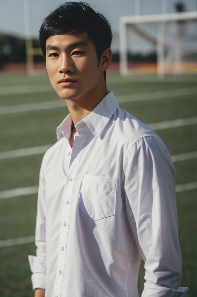 young asian man looking at camera In a white button-down shirt , Fieldside, beach, sunlight, looking at the football field