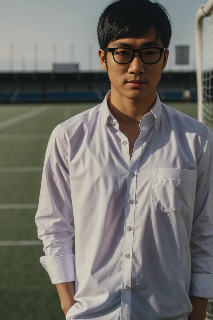 young asian man looking at camera In a white button-down shirt , Fieldside, beach, sunlight, looking at the football field