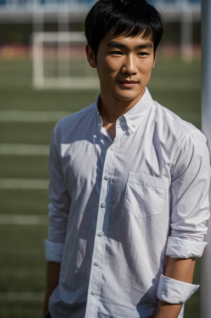 young asian man looking at camera In a white button-down shirt , Fieldside, beach, sunlight, looking at the football field