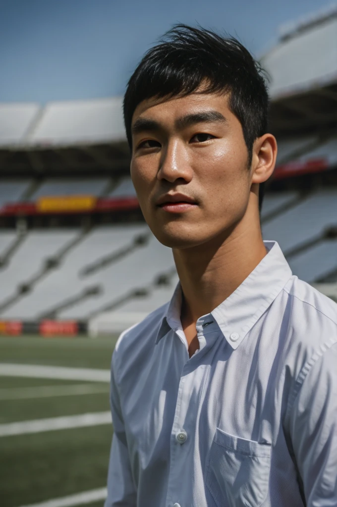 young asian man looking at camera In a white button-down shirt , Fieldside, beach, sunlight, looking at the football field