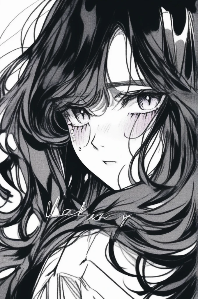 (Highest quality, sketch:1.2), Spectacular and realistic,Illustrator,anime,1 Girl, detailedな唇,custom, (Background dark monochrome),Texture Cropping, High resolution, detailed, masterpiece, Style: Retro Classic, Rainbow gradient, art, (Doing a cascading hairstyle (black:1.75) [neon:1.32])Tears Cry Sad