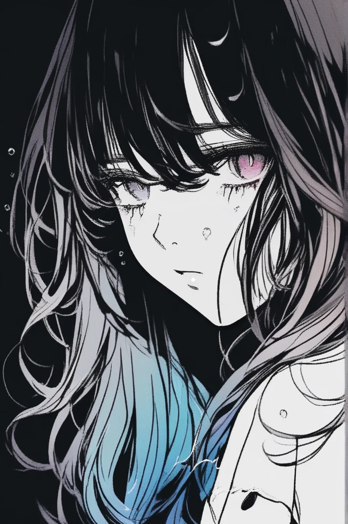 (Highest quality, sketch:1.2), Spectacular and realistic,Illustrator,anime,1 Girl, detailedな唇,custom, (Background dark monochrome),Texture Cropping, High resolution, detailed, masterpiece, Style: Retro Classic, Rainbow gradient, art, (Doing a cascading hairstyle (black:1.75) [neon:1.32])Tears Cry Sad