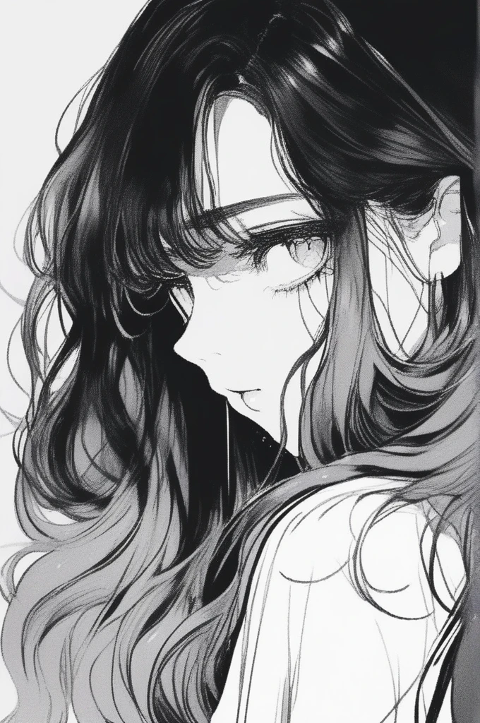 (Highest quality, sketch:1.2), Spectacular and realistic,Illustrator,anime,1 Girl, detailedな唇,custom, (Background dark monochrome),Texture Cropping, High resolution, detailed, masterpiece, Style: Retro Classic, Rainbow gradient, art, (Doing a cascading hairstyle (black:1.75) [neon:1.32])Tears Cry Sad