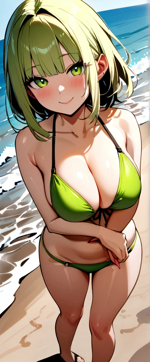 (Masterpiece, Best Quality), 1chica, MitsuriKanroji, gorgeous, SMILE, Bikini, playa, breast,