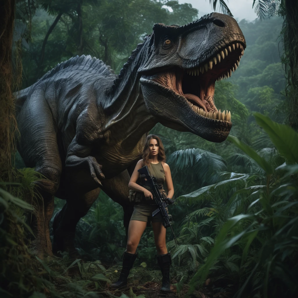 Movie film photography,Beautiful woman hiding behind a jungle tree,Scared,In the background, a giant Tyrannosaurus is hiding, searching for the woman.,Wearing combat gear,Looking over your shoulder,Dark and stormy night,it&#39;s raining,Bright moonlight,High budget,Ultra-detailed,Intricate detail 4K resolution,(masterpiece),