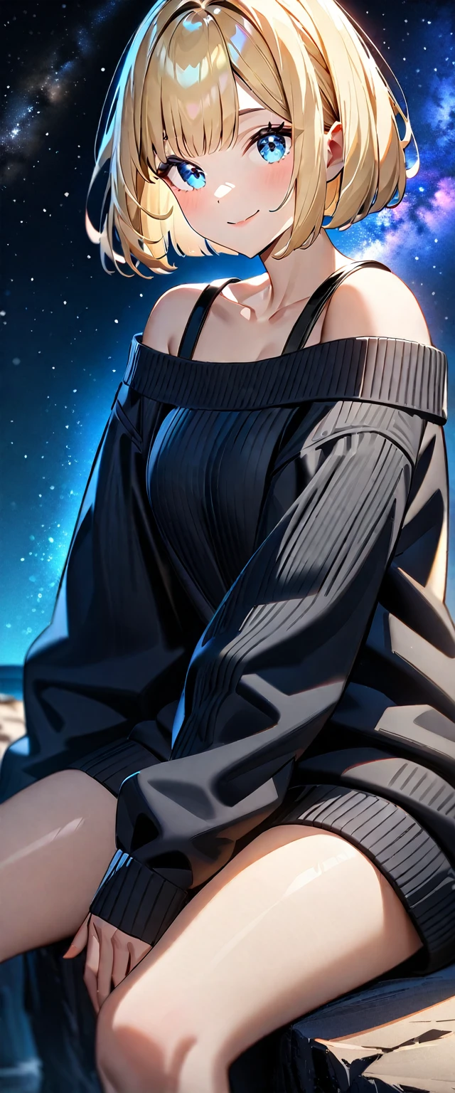 ((leaning forward)), (((focus on face))), ((closeup shot)), (((a beautiful starry sky, the Milky Way shining beautifully in the night))), ((Aran sweater)), ((((from side)))), ((sitting on the very high cliff)), wavy hair, inward curled hair, sea, ((blond hair, bob cut:1.3)), breasts, ager, (looking at viewer), oversized clothes, puffy long sleeves, ((off-shoulder sweater:1.3, Quite thick shoulder straps)), ((black sweater)), collarbone, head tilt:1.3, (((blue eyes))), happy smile, (((anime style))), (best quality, 4K, 8K, highres, masterpiece:1.2, ultra-detailed, ultra-detailed eyes, HDR, uhd, studio lighting, ultra-fine painting, sharp focus, physically-based rendering, extreme detail description, professional, vivid colors, bokeh)