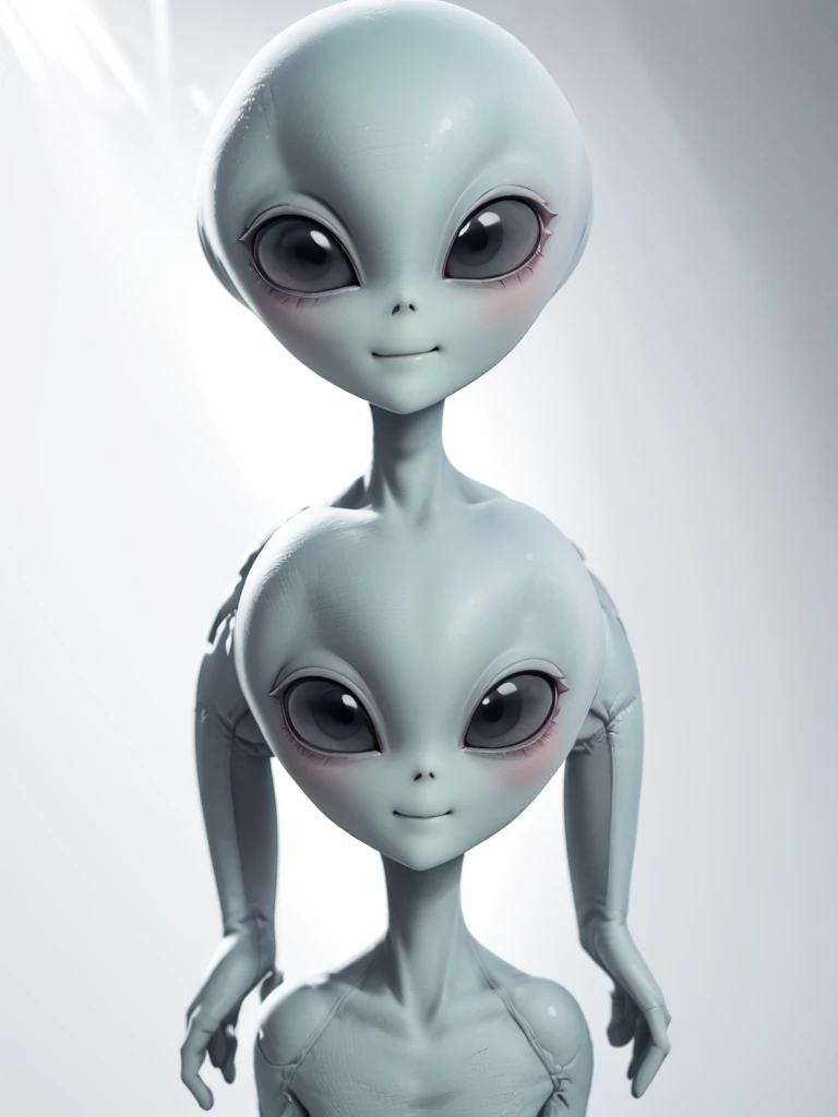 (((Masterpiece))), (high quality),(one alien girl:1.2), 15 years old,(innocent smile),(big light black eyes:1.5),5 heads,(Skinhead,Gray aliens,Large, dark, almond-shaped eyes,:1.5),(No hair, no whites, no ears:1.5),Wearing a silver body-fitting suit,Plain background,from below