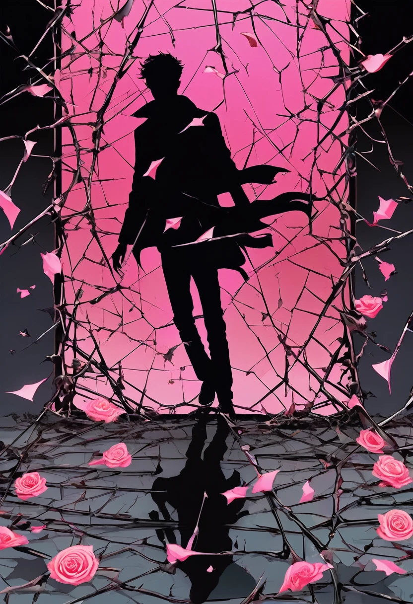 black silhouette of a man walking on thorns and broken glass and pink roses, covered in wounds, symbolizing wounds, depression and trauma, manga style, digital art, by Marshall Arisman, cover illustration, 70mm, 7 0 mm, 70 mm, book cover illustration, by Brigette Barrager, album cover, novel cover art for a book, art concept for a book cover, cover art, 7 feet tall,