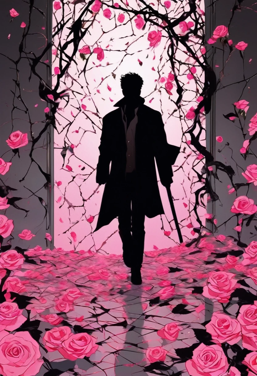 black silhouette of a man walking on thorns and broken glass and pink roses, covered in wounds, symbolizing wounds, depression and trauma, manga style, digital art, by Marshall Arisman, cover illustration, 70mm, 7 0 mm, 70 mm, book cover illustration, by Brigette Barrager, album cover, novel cover art for a book, art concept for a book cover, cover art, 7 feet tall,