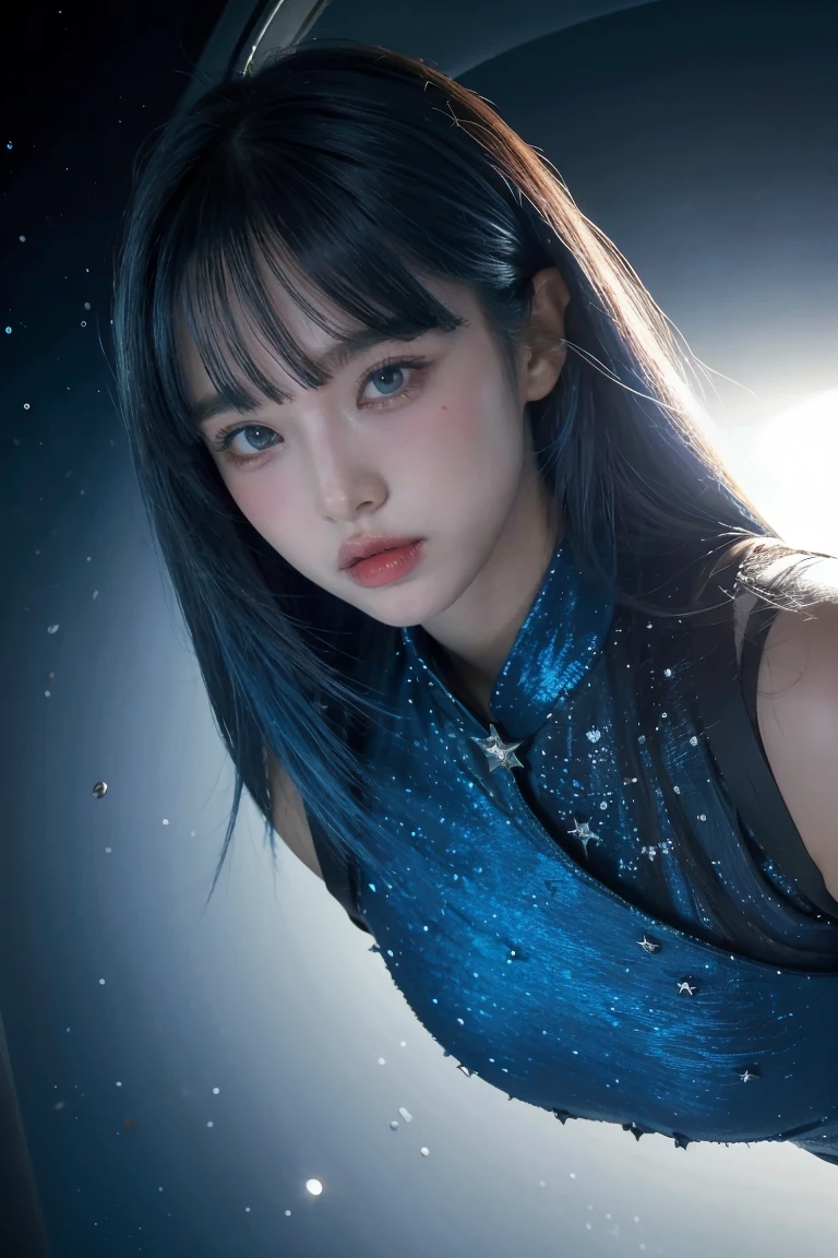 best quality, detailed, 4k, raw photo, masterpiece, detailed face,, stars, planets, galaxy, space,, a photo of anycemar flying in space, blue hair, bangs, long hair, looking at viewer, 