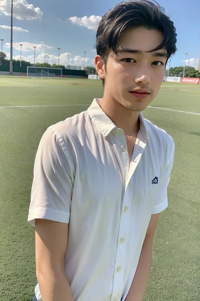 young asian man looking at camera In a white button-down shirt , Fieldside, beach, sunlight, looking at the football field