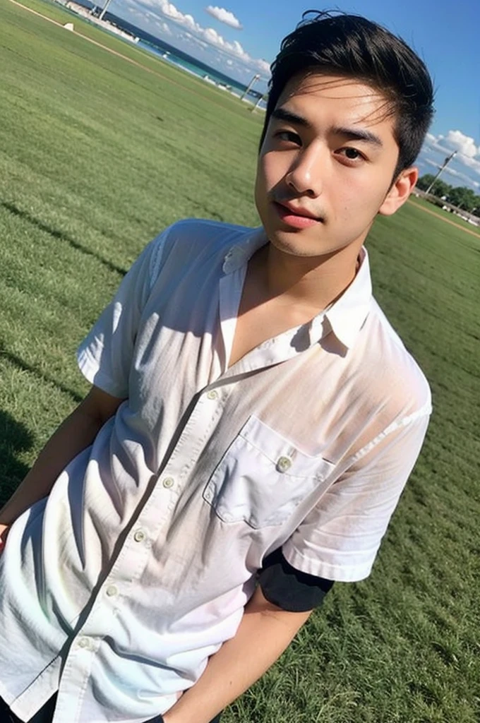 young asian man looking at camera In a white button-down shirt , Fieldside, beach, sunlight, looking at the football field