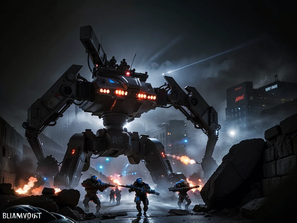 a futuristic battle scene, a squadron of sleek high-tech infantry battling giant robots, intricate mechanical details, advanced technology, cinematic lighting, dramatic poses, dynamic action, vibrant colors, hyper-realistic, 8k, photorealistic, masterpiece, concept art
0