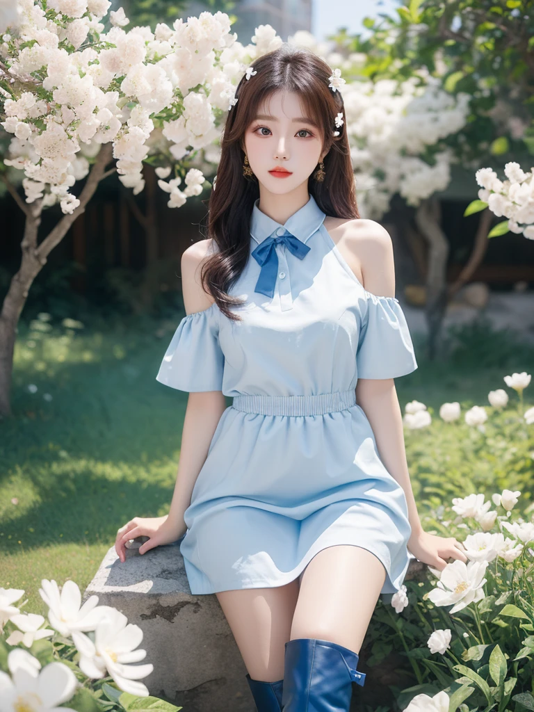 Beautiful woman wearing a blue white Wearing uniform korea style clothes mini dress with decorations on the shirt and visible shoulders and wearing boots and being photographed with a background And he was in the middle of a yard filled with beautiful white flowers,Korean style swag, beautiful face so gorgeous, Beautiful eyes, y2k style,