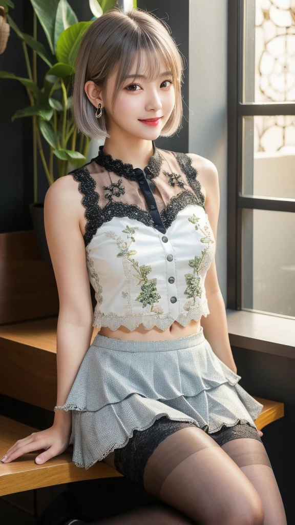 (8K, Photorealistic, Raw photo, Highest quality: 1.4),Japanese idol-style beautiful girl,1 person,18-year-old,(Short Bob),(Silver Hair :1.1),She has her hair tucked behind her ears,Clear grey eyes,Long eyelashes,(piercings(small)),(Lip gloss),lips(Plump,glossy),thin long neck,(camisole),(flare skirt(Layered lace)),tights(Mesh),pumps,(Sleeveless jacket((Lace embroidery),(Mesh))Layering),Evening seaside,Date with boyfriend,Smiling at the camera,Knee shot portrait
