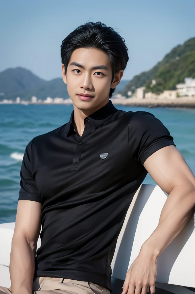 young asian man in a black polo shirt sitting on the grass with a serious expression, looking into the distance Turn your head slightly.,daytime (Create a masterpiece: 1.2),(CGI art:1.3),(realistic:1.5),(After processing:1.3), (Sharp focus:1.3), 1 man, open mouth, smile, (shirt:1.5), Navy cargo pants, Korean guy , korean men, (High gloss details), chest muscles, large arm muscles, blood vessel, Big muscles, Broad shoulders, looking at the audience, Balancing the eyes, seaside beach sunshine looking at the sea