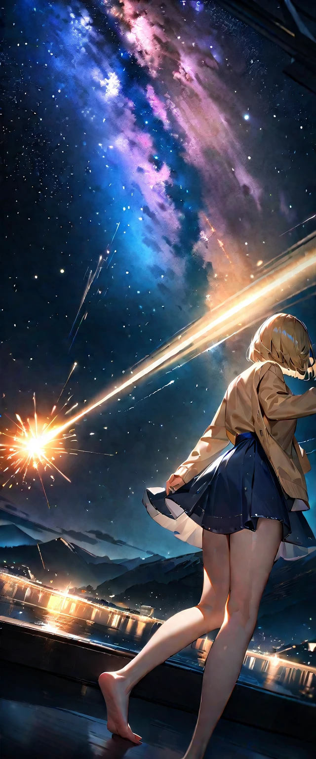 (((A meteor shower dancing in the night sky, countless stars ling in the clear air, a beautiful starry sky, the Milky Way shining beautifully in the night))), mountain, wide shot, a girl, bob cut, bare legs, bare foot, blond hair, (best quality, 4K, 8K, highres, masterpiece:1.2, ultra-detailed, HDR, uhd, studio lighting, ultra-fine painting, sharp focus, physically-based rendering, extreme detail description, professional, vivid colors, bokeh)