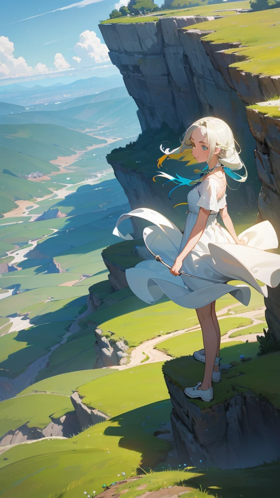 a teenage girl in a white flowing dress standing on a cliff overlooking a lush green canyon, distant hills and autumn clouds in the blue sky, detailed facial features, realistic, photorealistic, hyperdetailed, 8k, highres, masterpiece, cinematic lighting, vibrant colors, dramatic lighting, stunning landscape, serene atmosphere, natural scenery