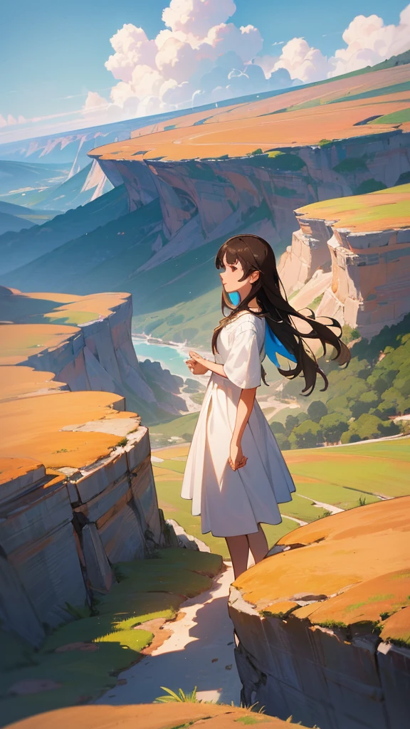 a teenage girl in a white flowing dress standing on a cliff overlooking a lush green canyon, distant hills and autumn clouds in the blue sky, detailed facial features, realistic, photorealistic, hyperdetailed, 8k, highres, masterpiece, cinematic lighting, vibrant colors, dramatic lighting, stunning landscape, serene atmosphere, natural scenery