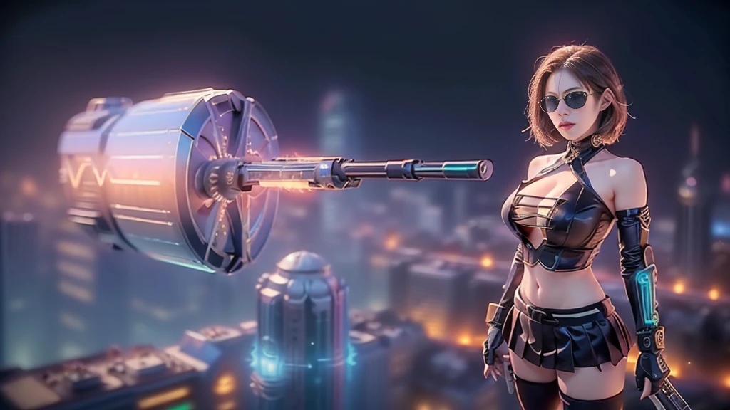 (aerial view). at night, futuristic sci-fi cyberpunk city, broad viaduct, skyscrapers at the end of the viaduct, the movie "13th Floor" style, (((((voltex-spirit-spreading giant clock tower as time machine))))), hq. Matrix style, at night, (1girl, solo), photo realistic, (large-breast:1.2 slim body, cleavage:1.3), (((tube top, extreamly short pleated (((miniskirt)))))), (((((matrix style black sunglasses))))), (((((aiming at camera with a (short:0.8 pistol)))))), (((half-body (thigh level) medium shot))), (cinematic lighting).