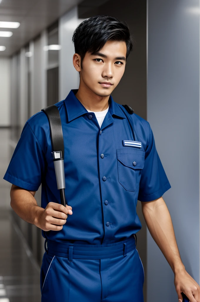 Man 25 years old - janitor - normal skin color - full body uniform - blue uniform - simple face - relaxed