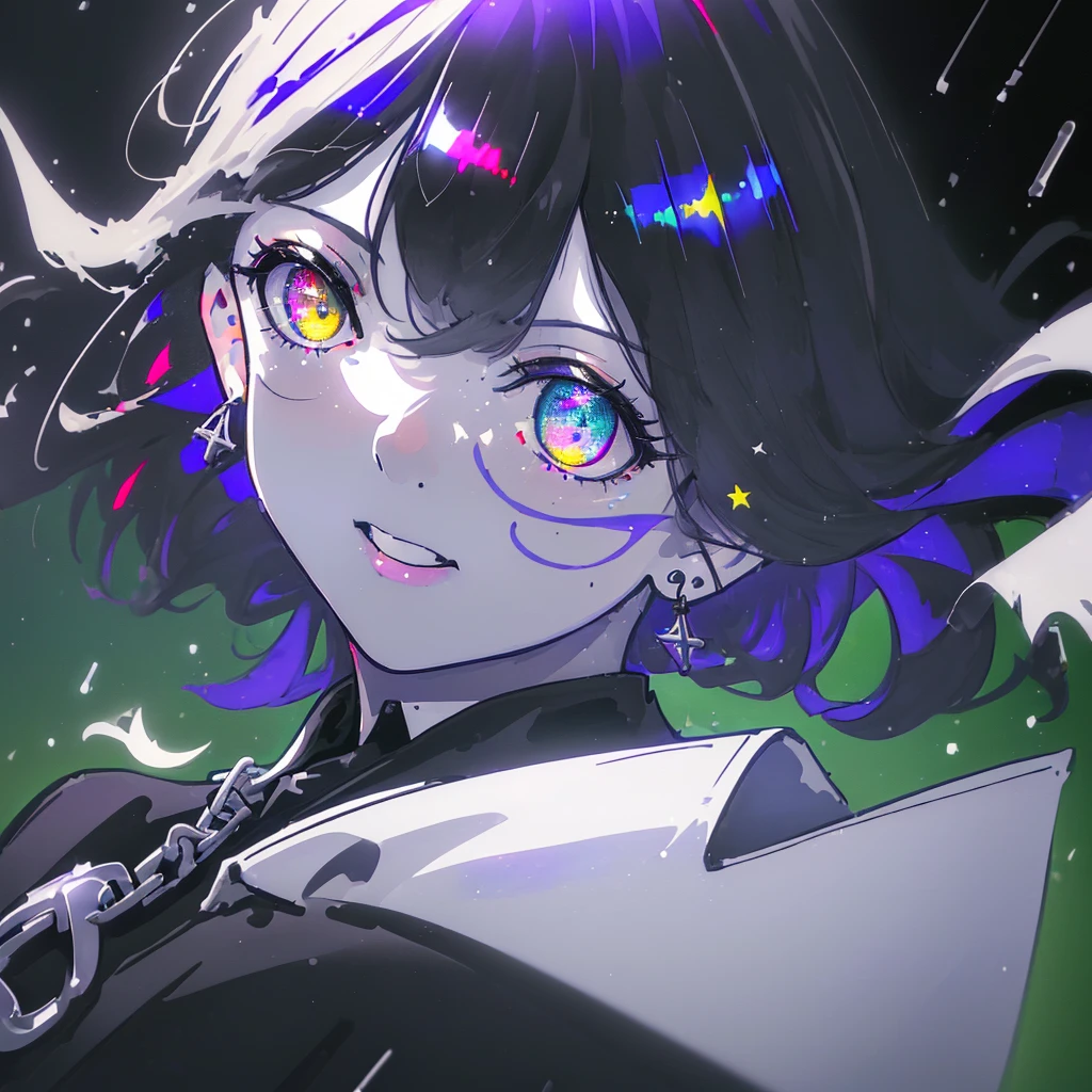 a beautiful girl with short black hair and purple inner colored hair, heterochromia eyes with star-like pupils, a warm smile, wearing a black trench coat, white shirt, black jeans with a chain, black boots, standing in a dark background with a thunder rain, (best quality,4k,8k,highres,masterpiece:1.2),ultra-detailed,(realistic,photorealistic,photo-realistic:1.37),HDR,UHD,studio lighting,ultra-fine painting,sharp focus,physically-based rendering,extreme detail description,professional,vivid colors,bokeh,portraits,concept artists