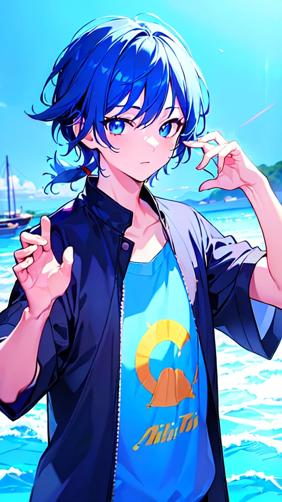 [(SKYBLUE BACKGROUND:1.5),::5], ((((masterpiece)))), high quality, ultra very high resolution, full color, (((solo))), ((little boy)), oriental deepBlue hair, (oriental deepblue eyes), anime, ((upper body)), Summer clothes, neon light, black parka, 