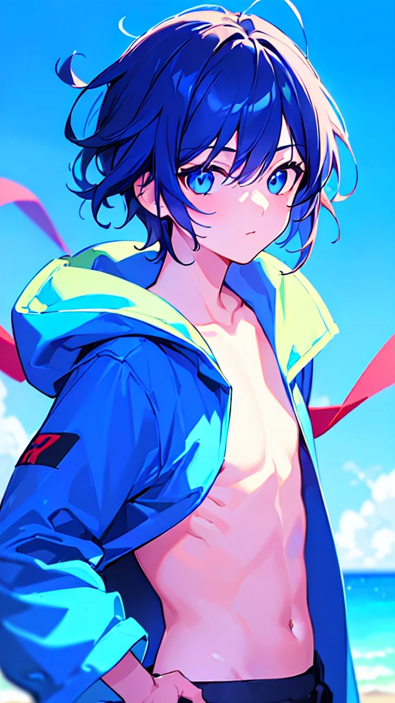 [(SKYBLUE BACKGROUND:1.5),::5], ((((masterpiece)))), high quality, ultra very high resolution, full color, (((solo))), ((little boy)), oriental deepBlue hair, (oriental deepblue eyes), anime, ((upper body)), Summer clothes, neon light, black parka, 