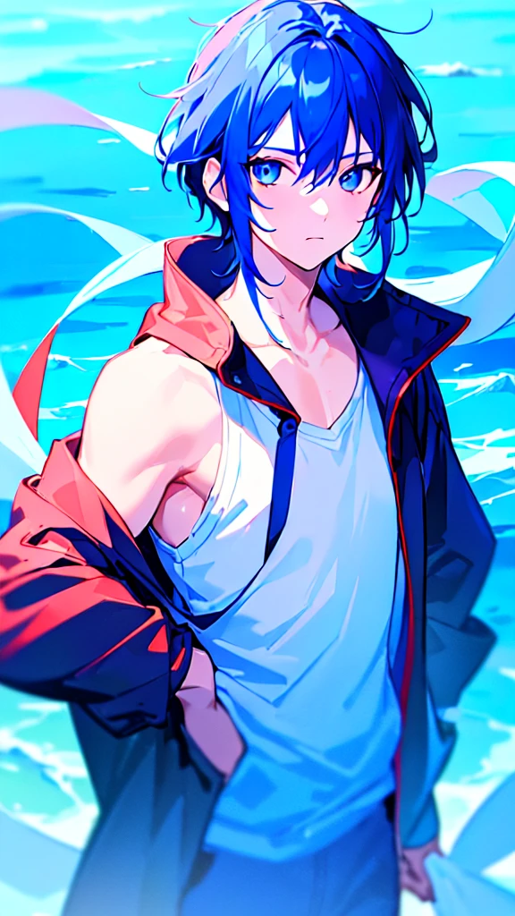 [(SKYBLUE BACKGROUND:1.5),::5], ((((masterpiece)))), high quality, ultra very high resolution, full color, (((solo))), ((little boy)), oriental deepBlue hair, (oriental deepblue eyes), anime, ((upper body)), Summer clothes, neon light, black parka, 