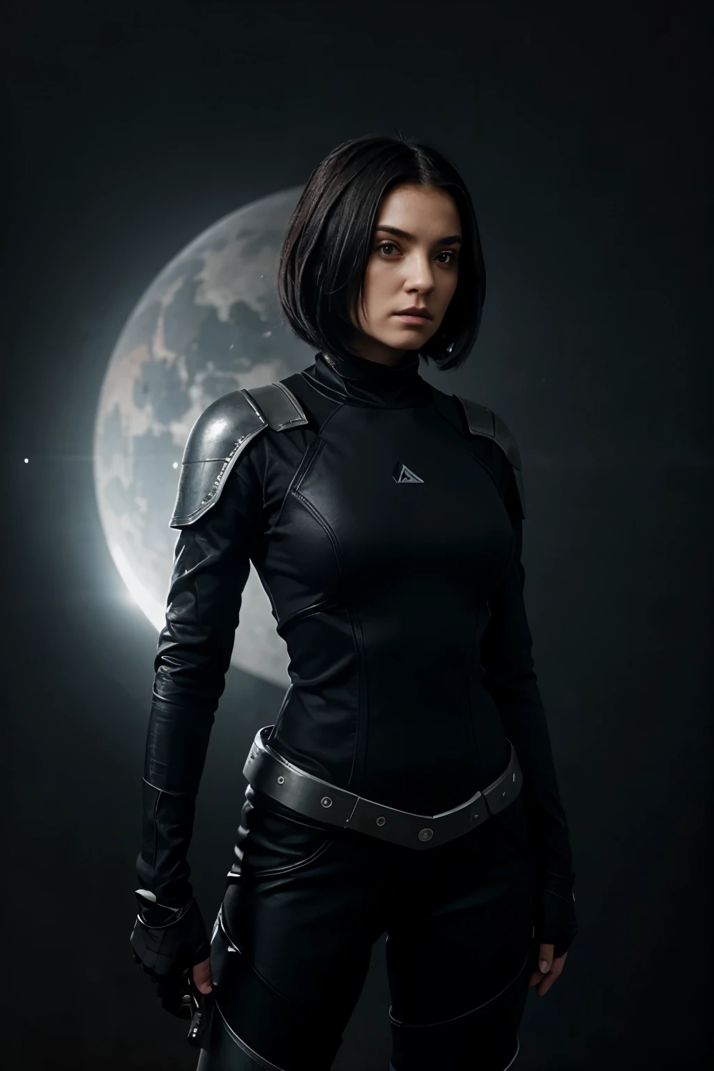 A female space warrior, dressed in black and gray, with bobbed hair, holding a long sword, standing fully to the side.