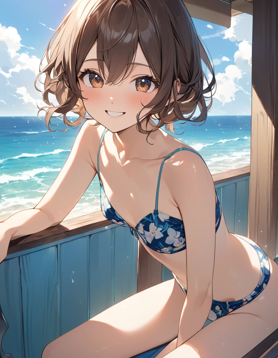 (Highest qualityのイラスト:1.2), (pretty girl:1.1), (1 girl、、Highest qualityのイラスト:1.2), (1 girl、smile、Small breasts、Very detailedな目:1.2)、Brown Hair、short hair、Wavy Hair、Curly Hair、Low Twintails、(Highest quality、Very detailed、Very detailed and beautiful、Ultra-high resolution) 、summer、Ocean、Swimwear、Cowboy Shot