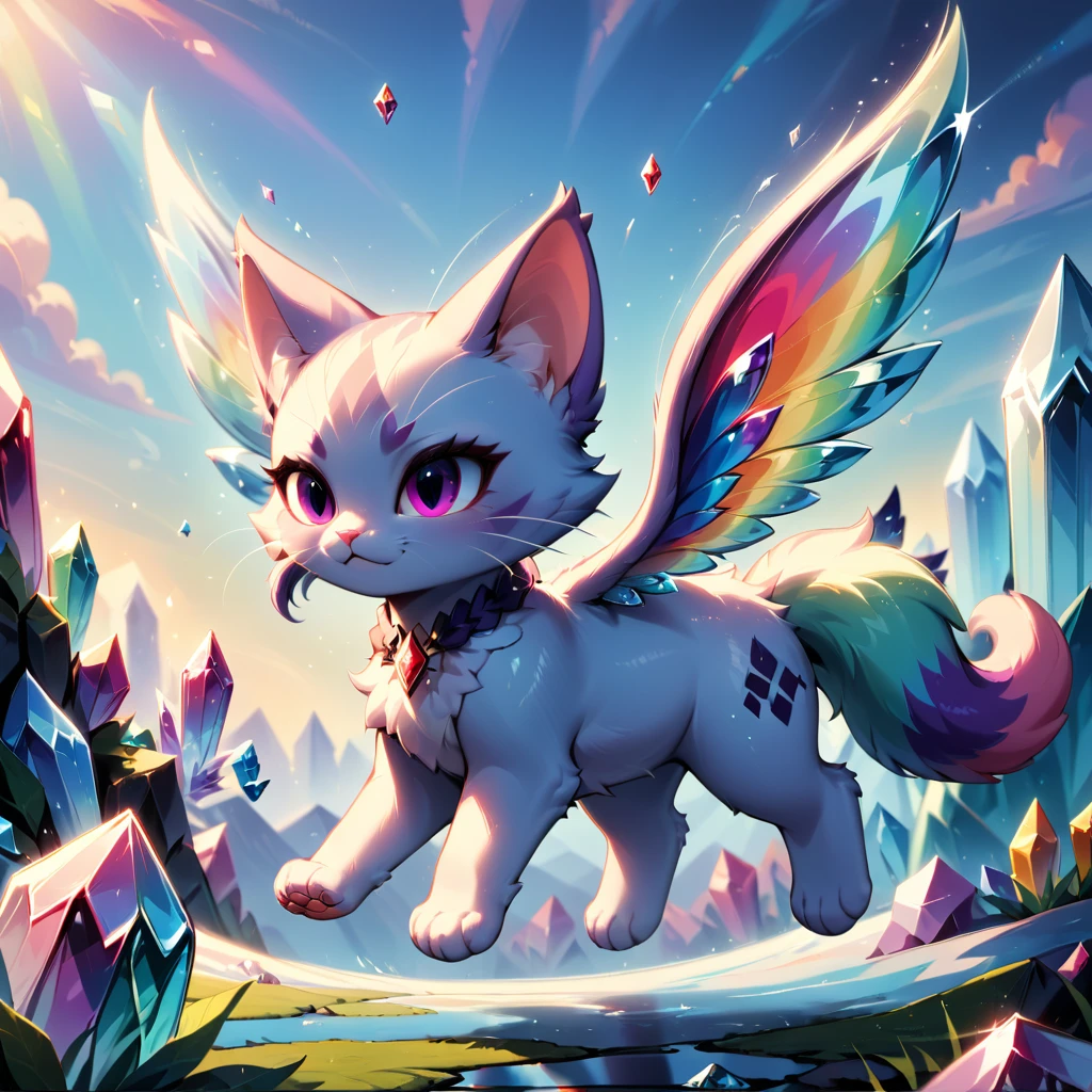 Crystal and cat fusion。A fluffy cat。Wings are crystal。shine。Jump。Flying in the sky。Rainbow colors。bright。fun。Fairy。Lake and Crystal。mineral。Quadrupedal。