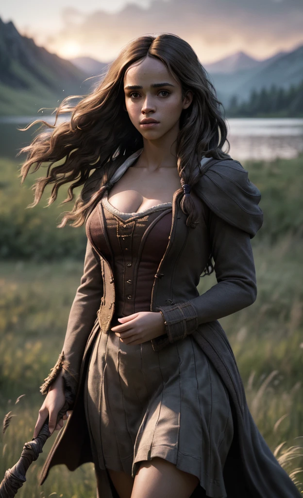 (masterpiece), (extremely intricate:1.3), (realistic), portrait of a girl, (huge and perfect breasts), the most beautiful in the world, dark eyebrows, (Hermione granger:1.2), detailed textures, confident glance, seductive, upper body, in a meadow, sunset, by a lake, grassy hills all around, professional photograph of a stunning woman detailed, looking at the camera, detailed eyes, sharp focus, dramatic, award winning, cinematic lighting, octane render unreal engine, volumetrics dtx, (film grain, blurry background, blurry foreground, bokeh, depth of field, motion blur:1.3)