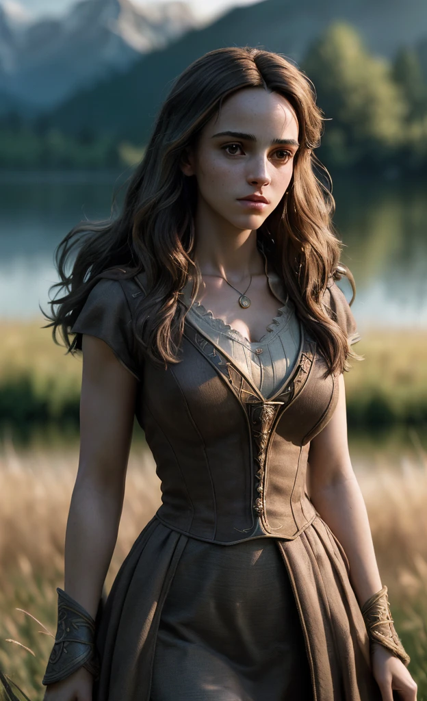 (masterpiece), (extremely intricate:1.3), (realistic), portrait of a girl, (huge and perfect breasts), the most beautiful in the world, dark eyebrows, (Hermione granger:1.2), detailed textures, confident glance, seductive, upper body, in a meadow, sunset, by a lake, grassy hills all around, professional photograph of a stunning woman detailed, looking at the camera, detailed eyes, sharp focus, dramatic, award winning, cinematic lighting, octane render unreal engine, volumetrics dtx, (film grain, blurry background, blurry foreground, bokeh, depth of field, motion blur:1.3)