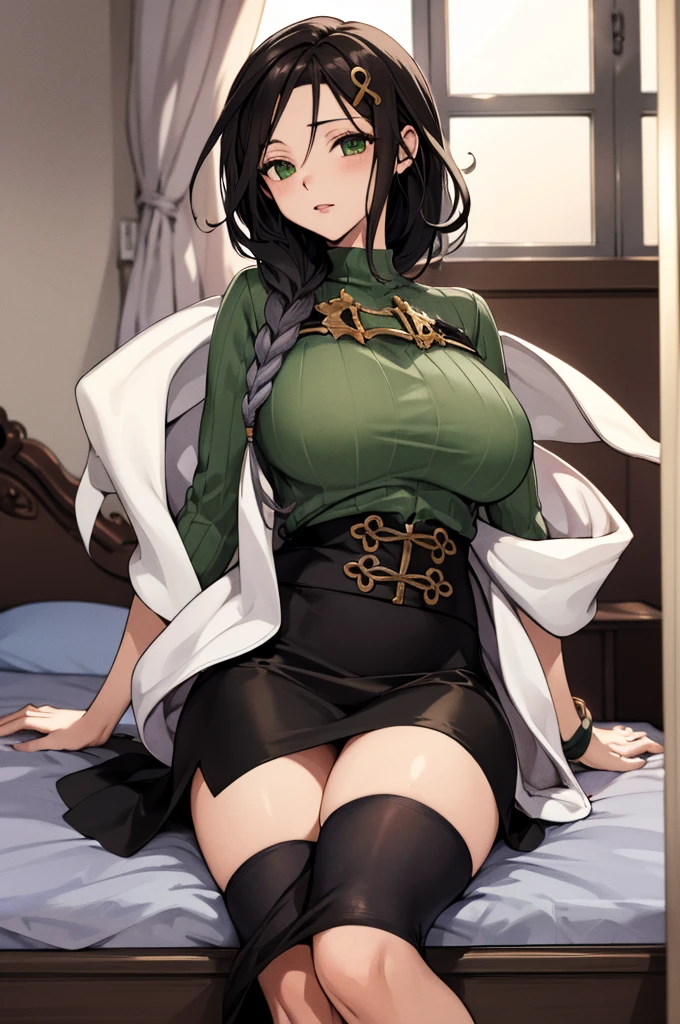 masterpiece, best quality, highres, st1, green sweater, braid, hair ornament, black skirt, large breasts, long skirt, shawl , on bed,