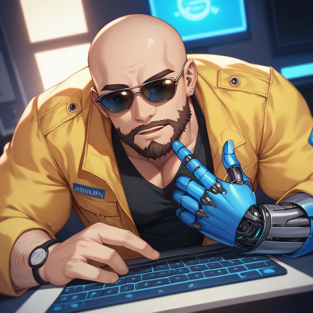 A guy in his early 30s, bald man with short, stylish brown beard, athletic body, wearing yellow jacket with blue neon, sunglasses, robotic arm implants, connected ends, in his bedroom, using a computer to hack, sci fi environment, night-time, POV view, 独奏,