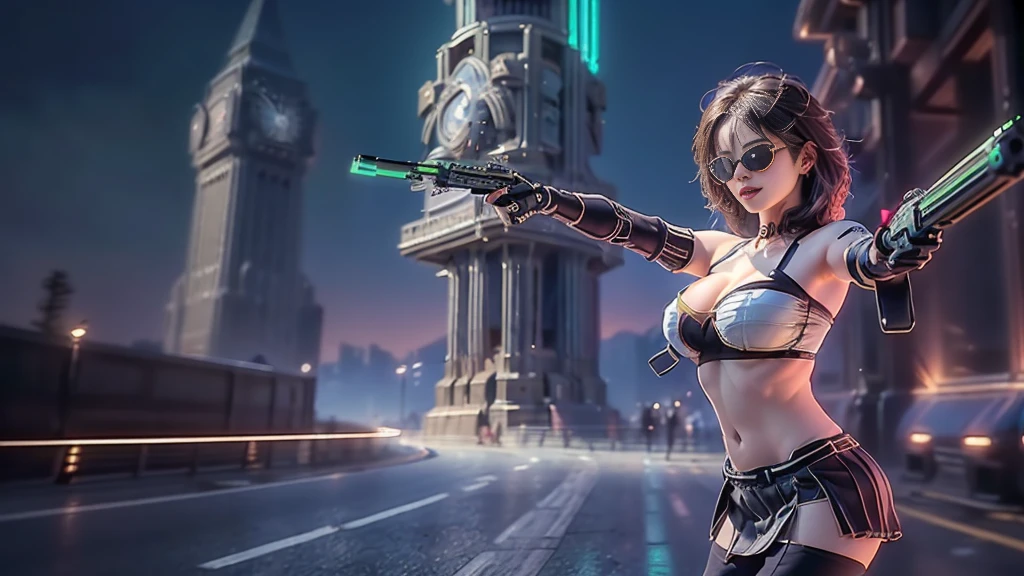 (aerial view). at night, futuristic sci-fi cyberpunk city, broad viaduct, skyscrapers at the end of the viaduct, the movie "13th Floor" style, (((((voltex-spirit-spreading giant clock tower as time machine))))), hq. Matrix style, at night, (1girl, solo), photo realistic, (large-breast:1.2 slim body, cleavage:1.3), (((tube top, extreamly short pleated (((miniskirt)))))), (((((matrix style black sunglasses))))), (((((aiming at camera with a (short:0.8 pistol)))))), (((half-body (thigh level) medium shot))), (cinematic lighting).