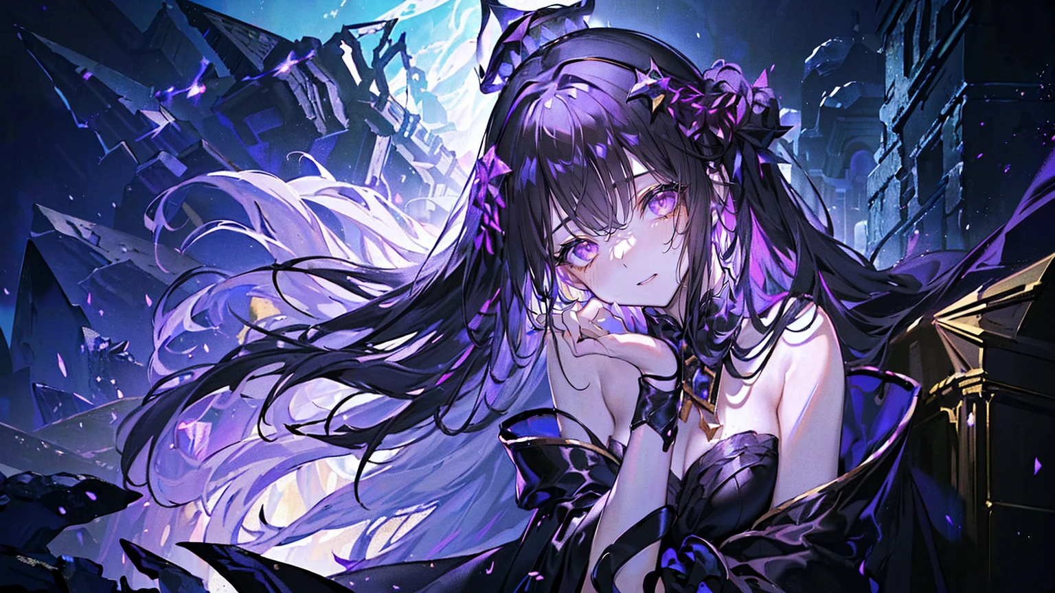 (Super detailed)),((illustration)),((masterpiece)),(((need))),((fine、Highest quality CG Unity 8K wallpapers,masterpiece),((4K,masterpiece,best quality)),Black hair queen,Sexy,Golden Eyes,Lying in a coffin,Mature,Hair tied on both sides,Black and gold gauze robe,Gorgeous black cape,Black veil,Purple-white halo,Black and purple high heels,Wearing a crown on the head,pyramid,Emitting dim purple light,under deep sea,under deep sea的废墟,under deep sea排满棺材,Mysterious symbols