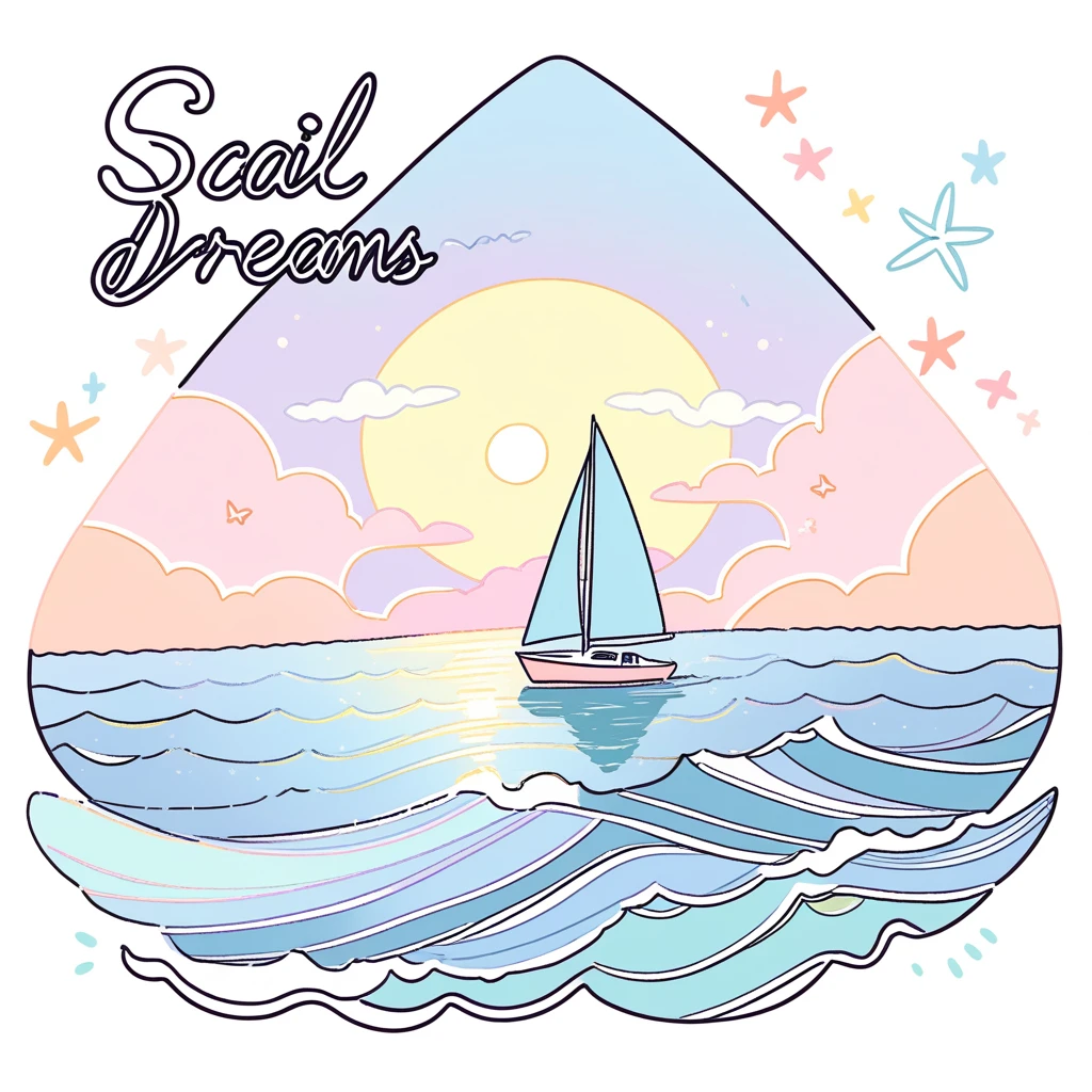 a simple doodle of a pastel-colored sailboat gliding on calm waters with gentle waves. Text saying 'Sail Towards Your Dreams' - pastel tones of light blue, soft coral, and pale yellow