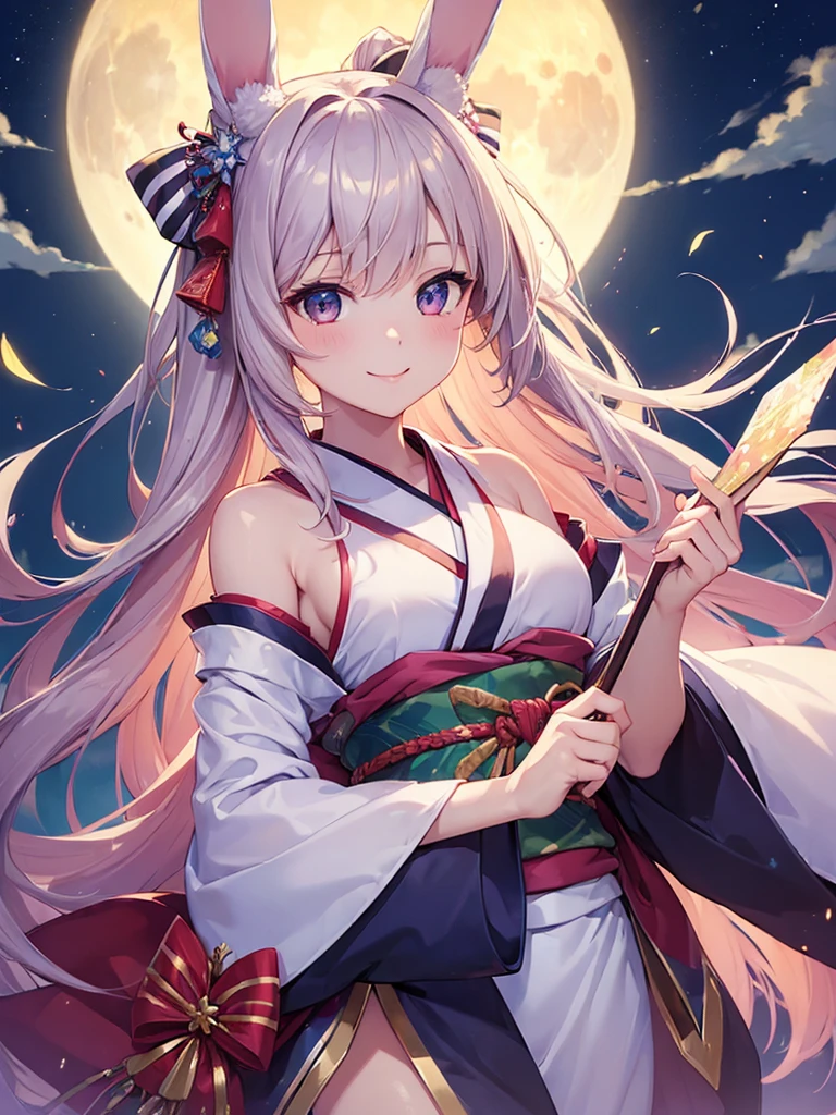 (masterpiece:1.5),(Beat quality),(high res),1girl solo,beautiful face,smile(shining eyes),upper body,light effects,Kimono bunny ears woman,Full moon night