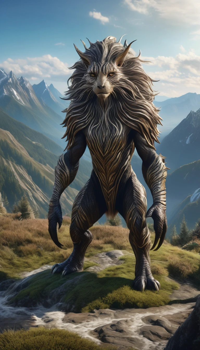 Panoramic front view,There is a humanoid creature in the mountains,Full of hair(best quality,4K,8K,High level,masterpiece:1.2),Ultra Detailed,(lifelike,Photo real,Photo real:1.37),Highly detailed animals,Complex patterns,Realistic lighting,Fantasy Creatures