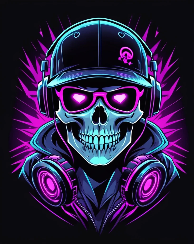 neonpunk style skull head, Hip-Hop Style, t shirt design, flat-colors, vectorial art,  ((black backdrop)) . cyber punk, vapourwave, neon, vibrations, Vibrant, incredibly beautiful, sharp, detailded, lustrous, modern, magenta highlights, dark purple shadows, hight contrast, cinematic, ultra detailded, intricate, proffesional