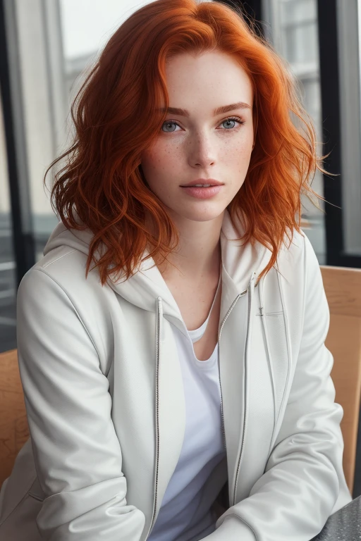 a photo of a seductive woman with loose styled (redhead hair:1.1), enjoyed, in cafe, she is wearing a hoodie and white leather jacket and leggings, no makeup, natural face, (textured skin, skin pores:1.1), (moles:0.8), imperfect skin, goosebumps, flawless face, (light freckles:0.9), (sun-kissed:1.1), ((photorealistic):1.1), (raw, 8k:1.3),