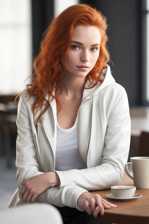 a photo of a seductive woman with loose styled (redhead hair:1.1), enjoyed, in cafe, she is wearing a hoodie and white leather jacket and leggings, no makeup, natural face, (textured skin, skin pores:1.1), (moles:0.8), imperfect skin, goosebumps, flawless face, (light freckles:0.9), (sun-kissed:1.1), ((photorealistic):1.1), (raw, 8k:1.3),