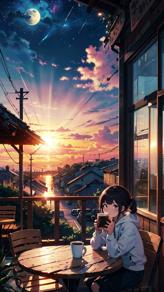 beautiful sunset, a girl drinking coffee in chair facing the sun, BREAK (masterpiece, best quality:1.2), outdoors, cafe, tradisional village, night sky, stars, moon, moonlight, beautiful  clouds, cat, coffee