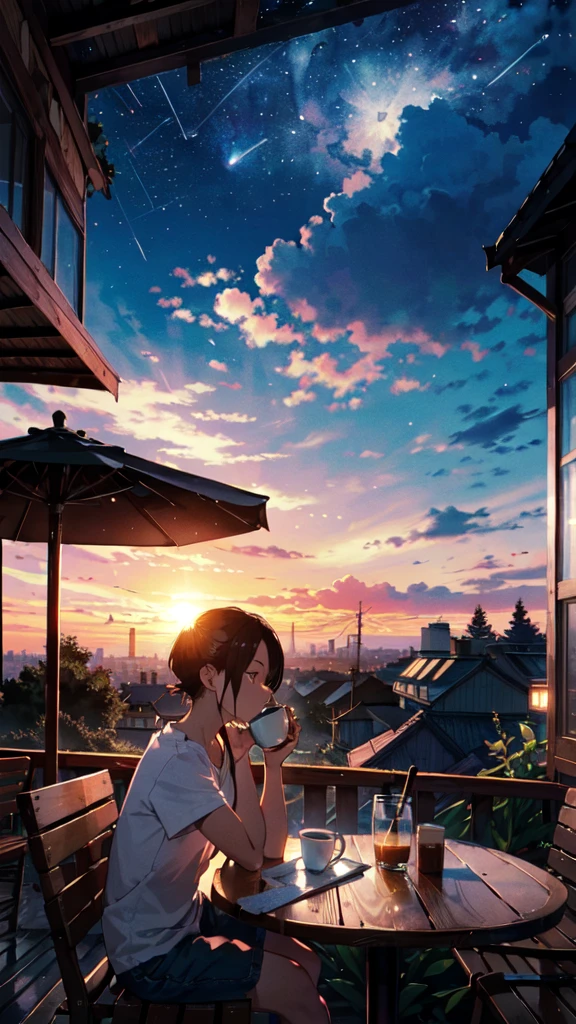 beautiful sunset, a girl drinking coffee in chair facing the sun, BREAK (masterpiece, best quality:1.2), outdoors, cafe, tradisional village, night sky, stars, moon, moonlight, beautiful clouds, cat, coffee