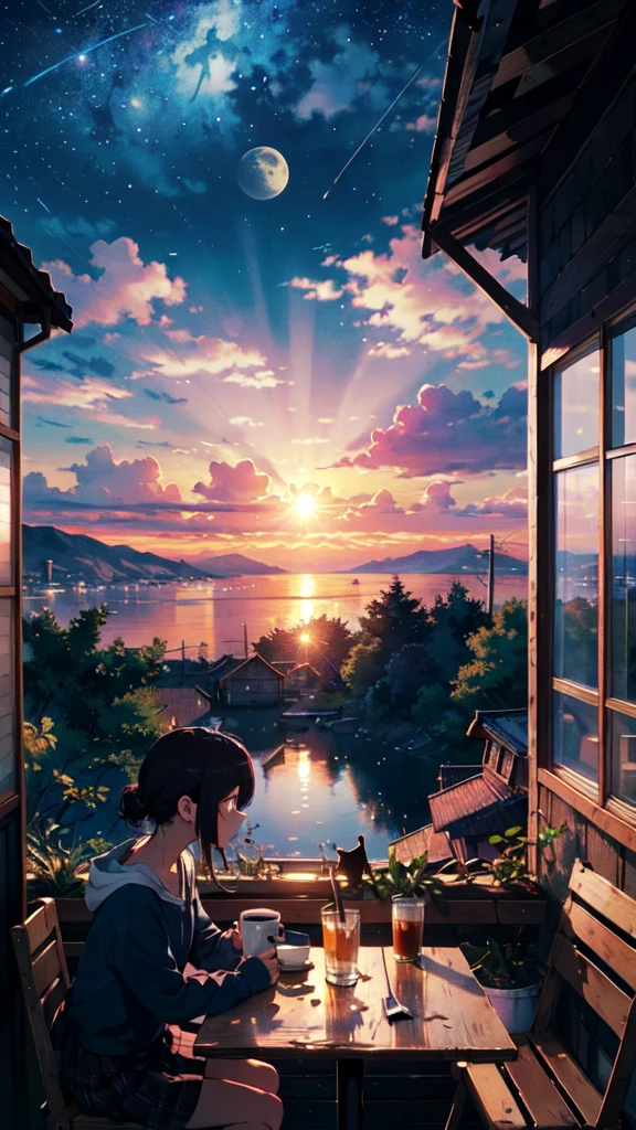beautiful sunset, a girl drinking coffee in chair facing the sun, BREAK (masterpiece, best quality:1.2), outdoors, cafe, tradisional village, night sky, stars, moon, moonlight, beautiful  clouds, cat, coffee
