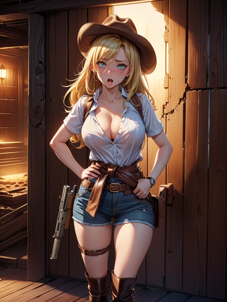 (((Cowgirl Costume))),(((Wear low-waisted denim shorts and short western boots))),(((Wear a western hat))),(((wear a leather belt))),(((He is wearing short sleeves, Plaid, front tie shirt))),(((Wear a leather gun belt with a holster around your waist:1.5))),(((Wear a watch on your wrist))),(((Showing cleavage))),(((Bare inner thighs))),(((Bare arms))),(((Her hair is blonde))),Beautiful detailed girl, Very detailed目と顔, 緻密でBeautiful Eyes, Very detailedな, High resolution, Highest quality, masterpiece, Very detailed, 8k wallpaper, wonderful, finely, Highest quality,One girl,(((Basement at night:1.5))),(((Standing in front of a wooden wall))),Beautiful Eyes,((Crying face:1.0)),((Drunk and having hiccups:1.5)),Open your mouth